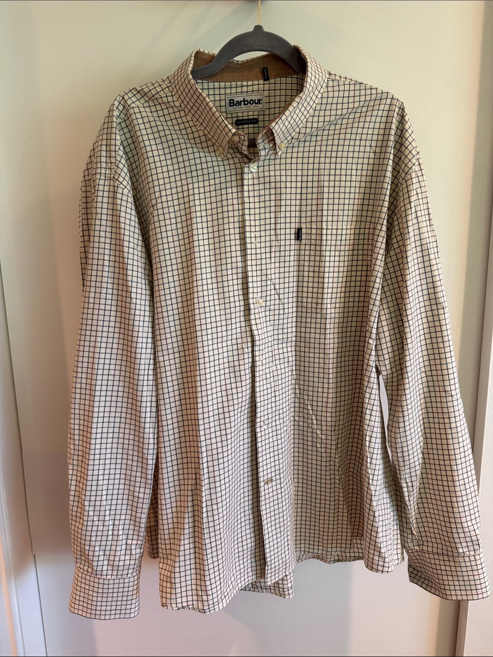 Barbour Beige and Navy Windowpane Button-Down Shirt